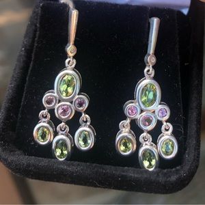L27: Pretty peridot and pink tourmaline bezel set dangle earrings!  Chandelier